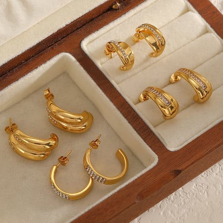 1 Pair C-shape Stainless Steel Rhinestone Hoop Earrings 2