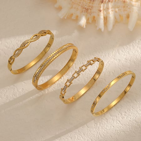 1 Piece Classic Stainless Steel Gold Color Rhinestone Bangle