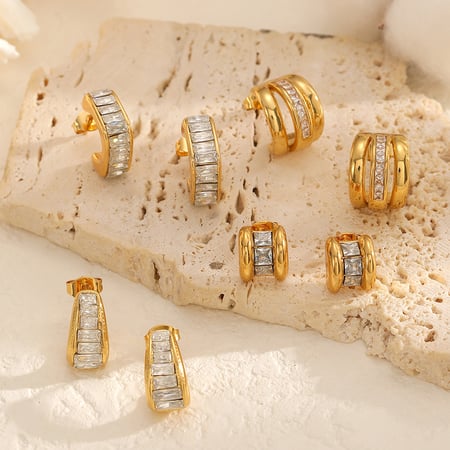 1 Pair C-shape Stainless Steel Gold Color Rhinestone Hoop Earrings