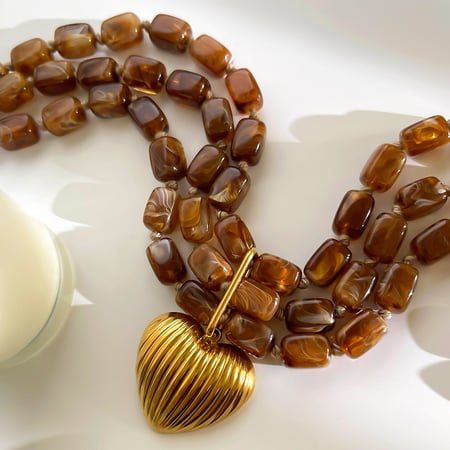 1 Piece Resin Beads Heart Pendant Gold Color Layered Necklace