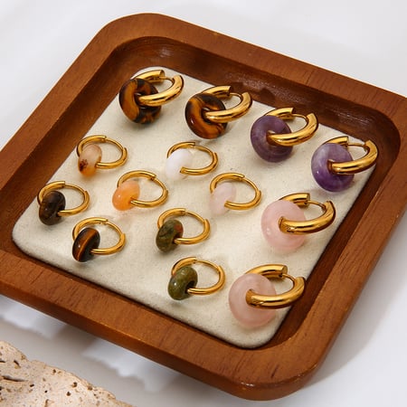 1 paar retro oorbellen van natuursteen, roestvrij staal en goudkleur 2