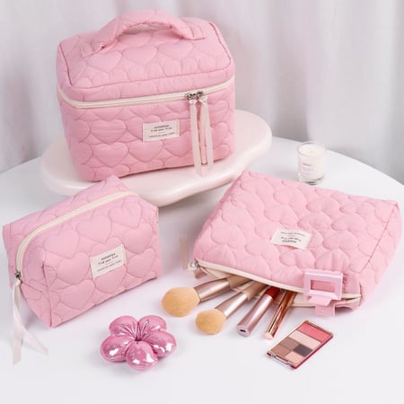 1 Stück Kosmetiktasche für Damen, weich, mit Herzmuster und Karomuster 2