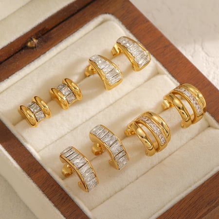 1 Pair C-shape Stainless Steel Gold Color Rhinestone Hoop Earrings 2