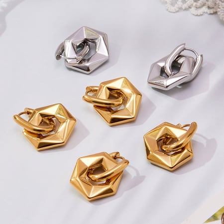 Boucles d'oreilles pendantes hexagonales ajourées en acier inoxydable doré pour femme (1 paire)