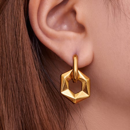 Boucles d'oreilles pendantes hexagonales ajourées en acier inoxydable doré pour femme (1 paire) 2