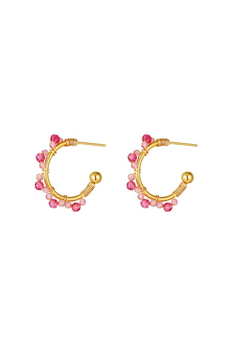 Stainless steel earrings halfround hoop with beads Pink 2