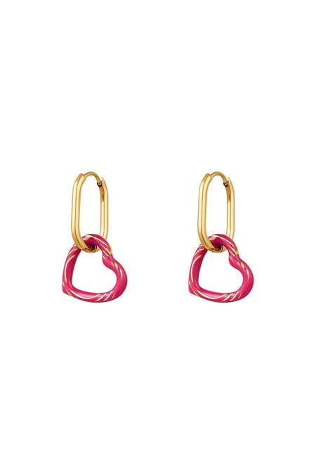 Earrings with mesh printed heart charm Pink & Gold Color Stainless Steel 2
