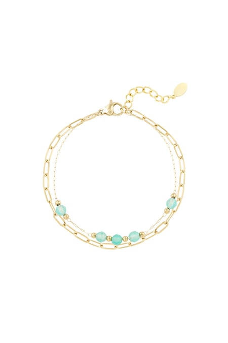 Pulsera doble eslabones/cuentas redondas - Colección Piedras naturales Verde & Color dorado Acero inoxidable (Pack with plastic bag) 2