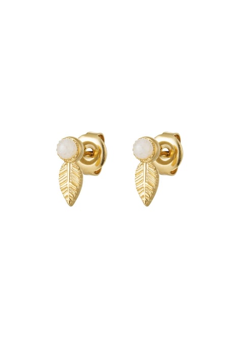 Ear studs leaf & stone - Natural stone collection White Gold Color Stainless Steel 2