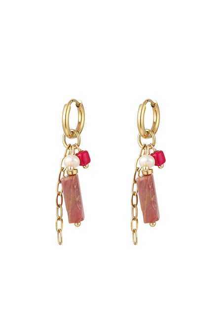 Earrings rectangular stone and beads Pink & Gold Color Stainless Steel 2