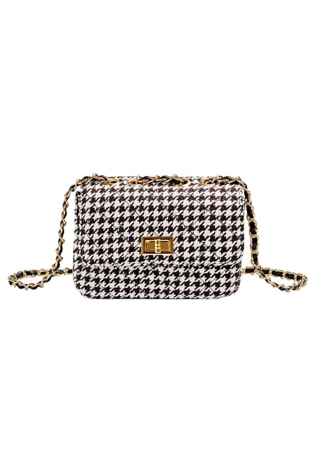 Checkered bag with metal strap and closure Black & White Polyester 2
