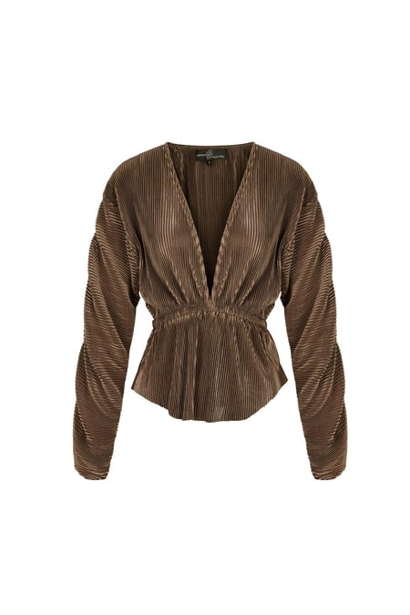 Ribana yapılı ve pilili kollu bluz Brown S 2