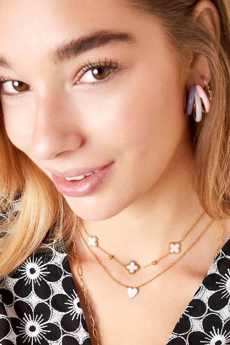 Necklace 3 clovers and small balls Green & Gold Color Stainless Steel