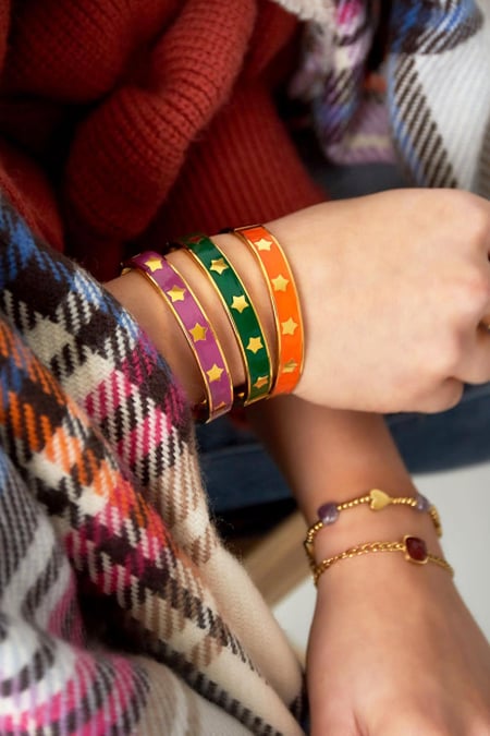 Bangle bracelet enamel stars Green & Gold Color Stainless Steel