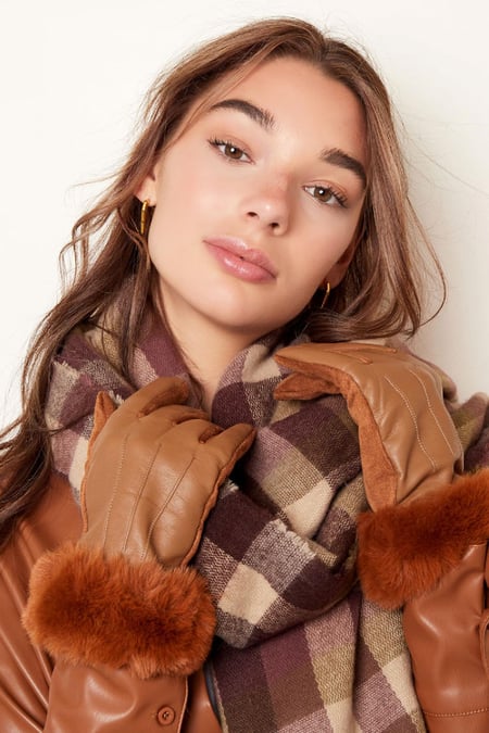 Gants avec fausse fourrure et aspect cuir Vert Polyester Taille unique