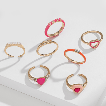 1 Set Vogue Series Polychrome Exquisite Heart Drop Oil Alloy Lightweight Women's Ring Sets 2