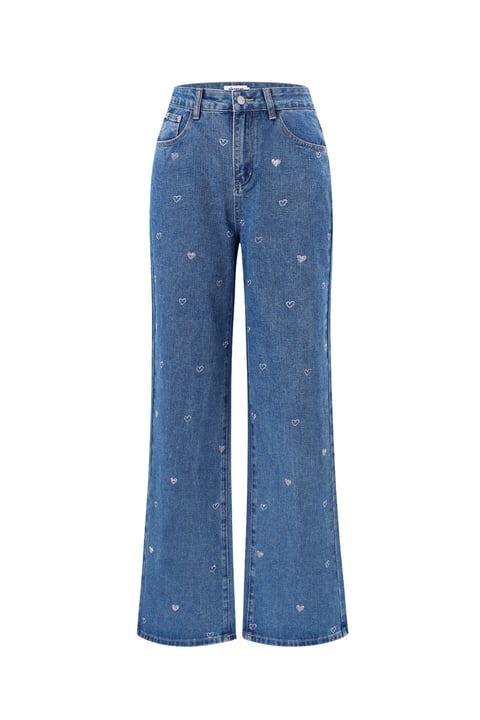 Cotton Woven Women's Straight Leg Denim Pants Heart Embroidery Casual 2