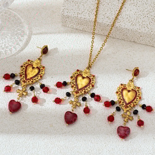 Retro Heart Stainless Steel Gold Color Crystal Tassel Natural Stone Necklace Set