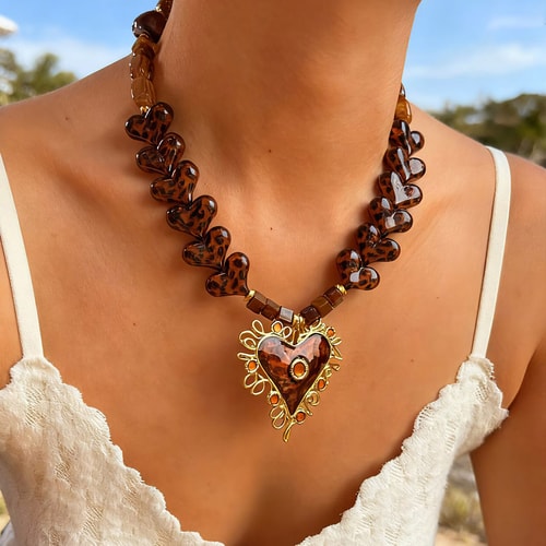 1 Piece Leopard Resin Beads Heart Pendant Necklace