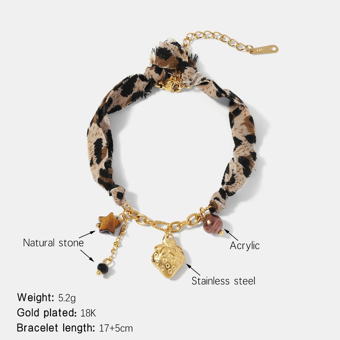 Leopard Fabric Strawberry Stainless Steel Gold Color Charm Bracelet