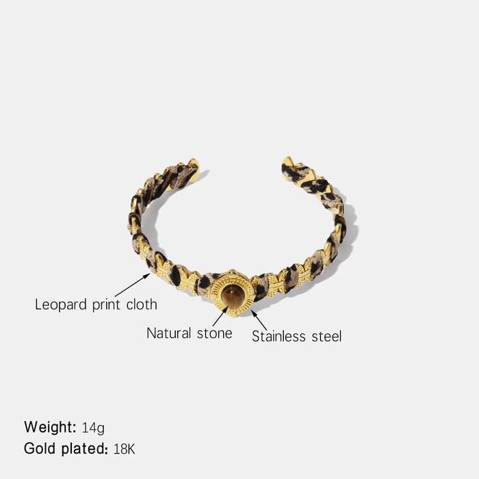 Stainless Steel Natural Stone Leopard Print Fabric Cuff Bracelet
