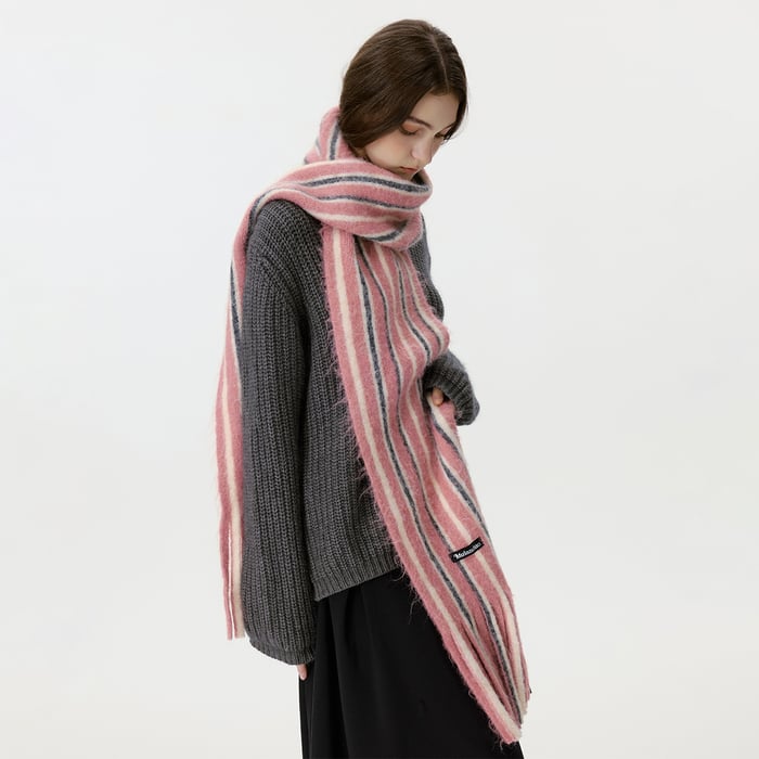 1 Piece Wool & Polyester Tassel Color-blocked Striated Winter Scarf Picture10