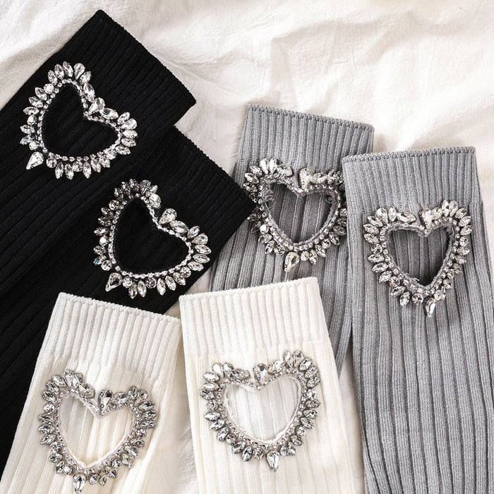 Light Luxury Rhinestone Studded Hollow Heart Knitted Pure Cotton Women's Socks Picture2