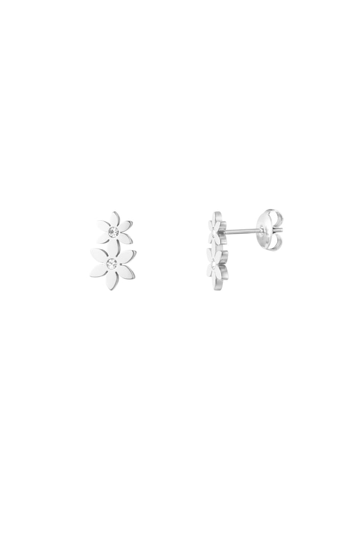 Double flower stud earring - Silver Color color