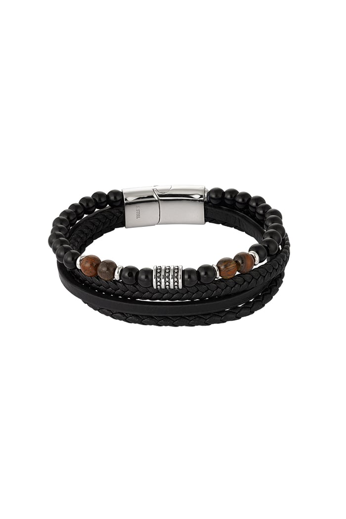 Mannenarmband dubbel gevlochten met kralen - zilver/zwart 