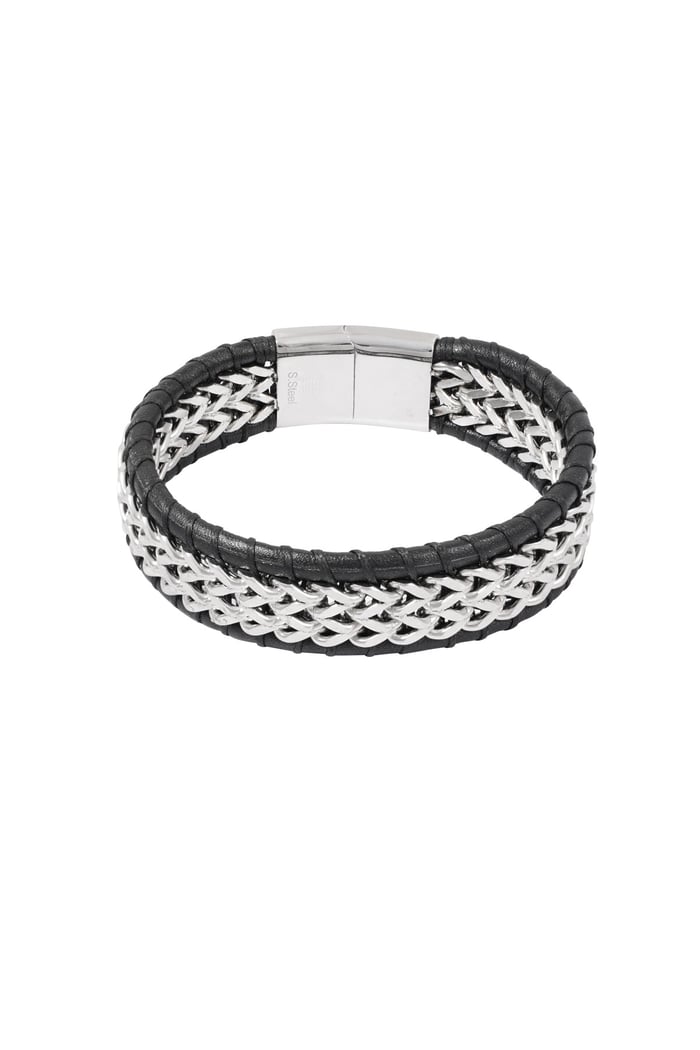 Men's bracelet with leather - silver color black