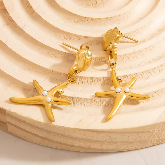 Retro Starfish Stainless Steel Gold Color Drop Earrings h5Picture5