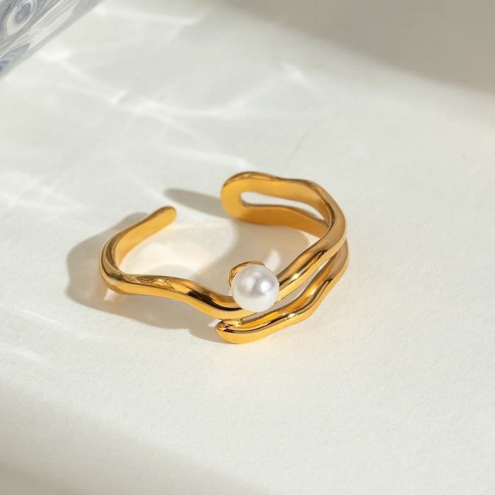 1 pair simple series simple geometric stainless steel  gold plated artificial pearl women adjustable rings