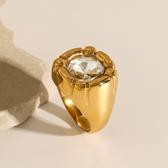 1 Paar Luxuriöse Serie Retro Geometrischer Edelstahl 18 Karat vergoldet Zirkon Damen Einzelring 