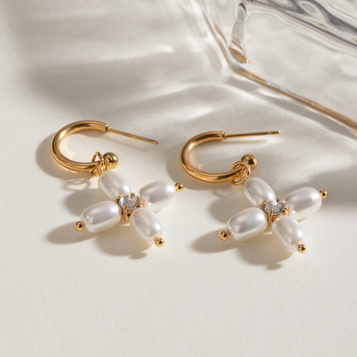 1 pair simple series elegant cross stainless steel  gold plated artificial pearl women earrings set