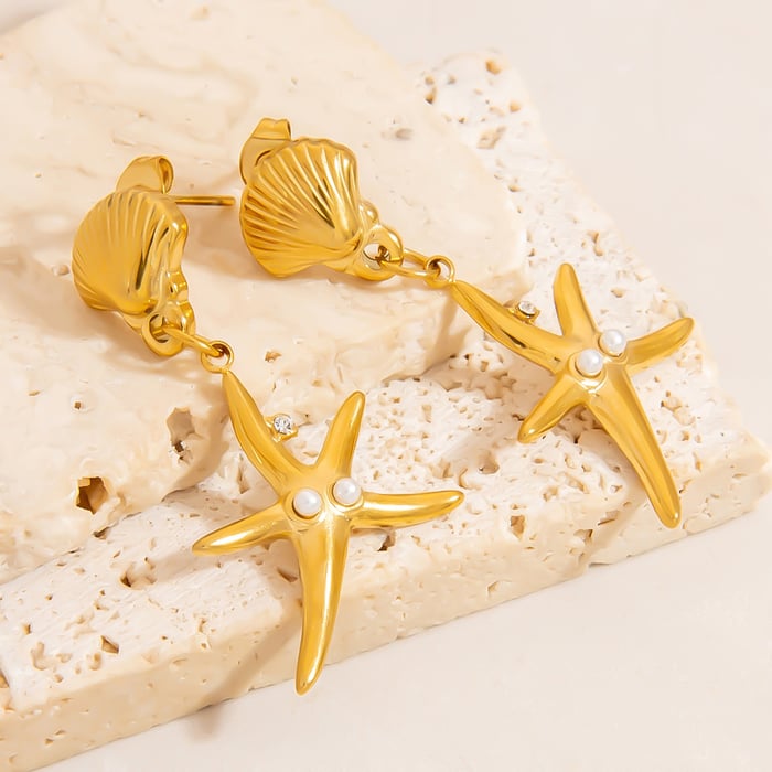 Retro Starfish Stainless Steel Gold Color Drop Earrings h5Picture6