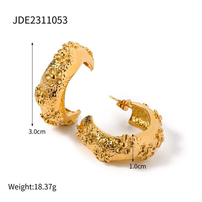 1 pair classic series retro flower stainless steel  gold plated women hoop earrings Picture2