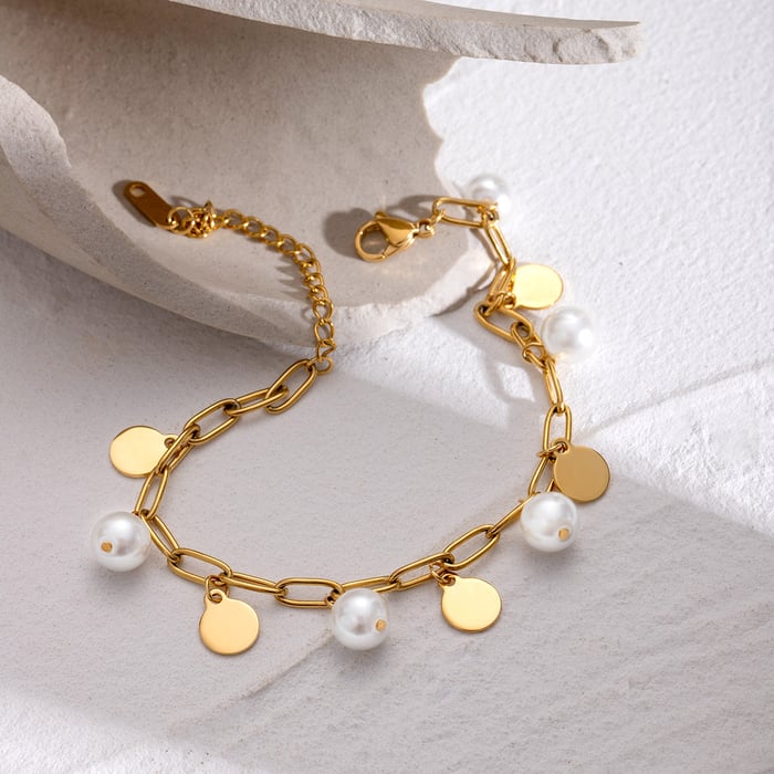 1 piece simple series sweet geometric stainless steel  gold plated artificial pearl women charm bracelets