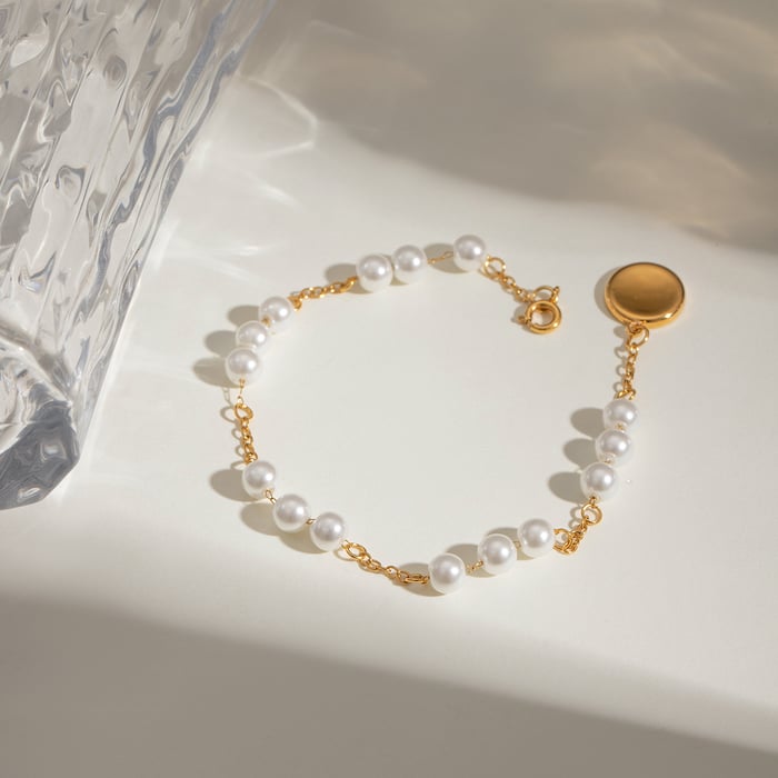 1 piece simple series sweet beads stainless steel  gold plated artificial pearl women beaded bracelets