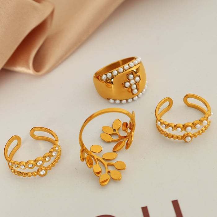 1 pair simple series retro cross stainless steel  gold plated artificial pearl women adjustable rings h5Picture2