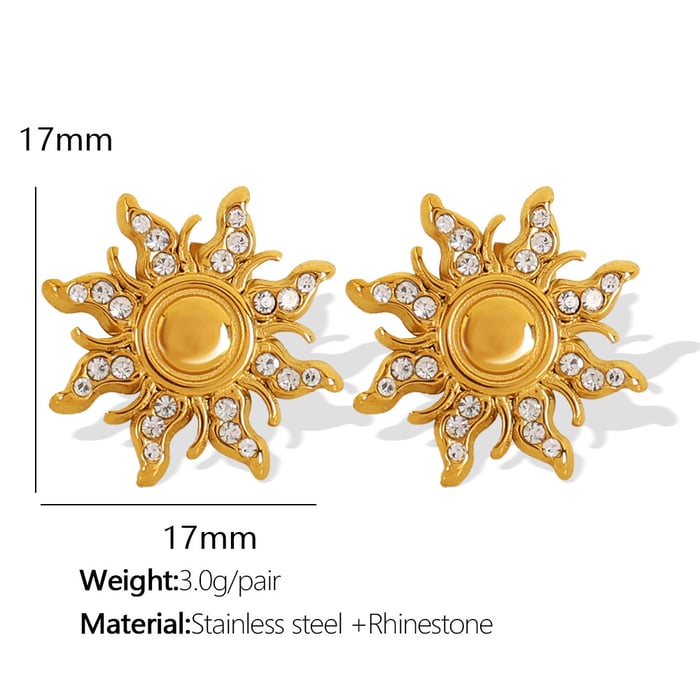 1 pair simple series retro sun/moon stainless steel  gold plated rhinestone women stud earrings h5Picture2