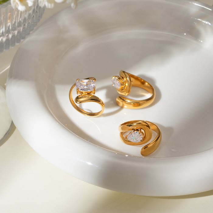 1 pezzo di lusso serie irregolare in acciaio inossidabile color oro con strass anelli singoli da donna h5Immagine2