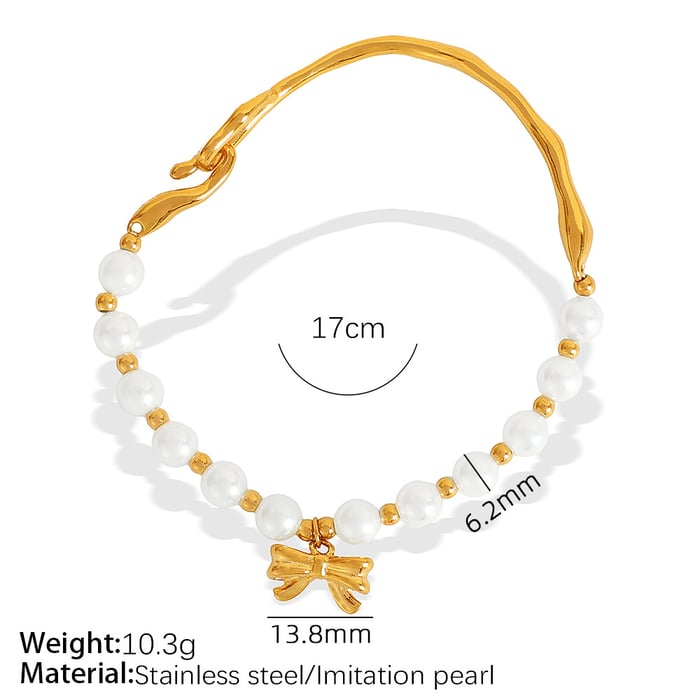 1 piece classic series retro bow knot stainless steel  gold plated artificial pearl women beaded bracelets h5Picture2