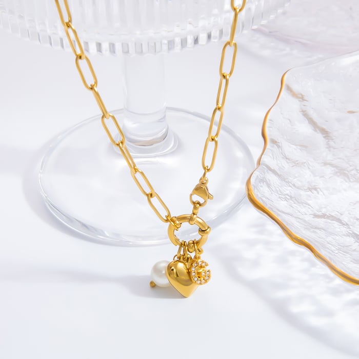 1 piece classic series stylish heart stainless steel  gold color plated artificial pearl women's pendant necklaces