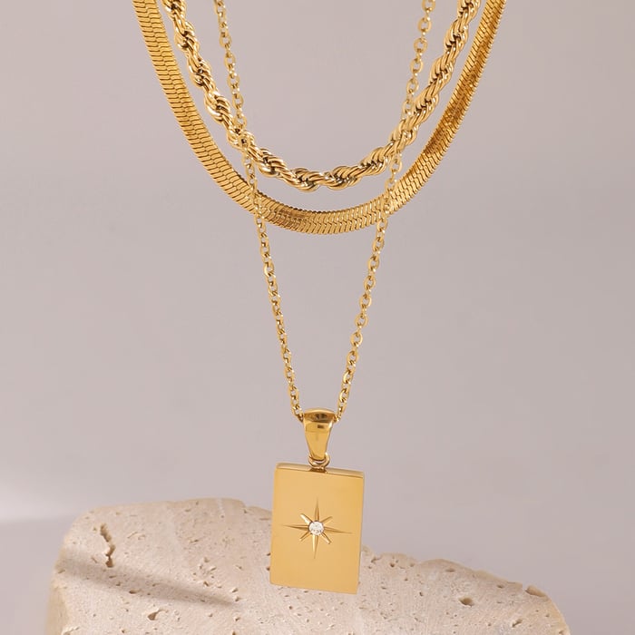 1 Stück Simple Series Lässige geometrische Edelstahl 18 Karat vergoldet Strass Damen mehrlagige Halsketten h5Bild2