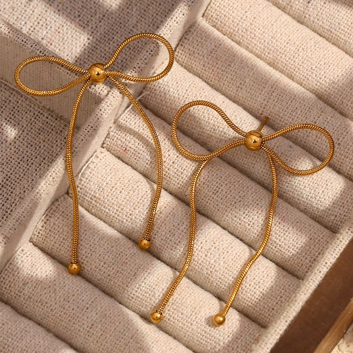 1 Paar romantische Serie süße Schleife Knoten Edelstahl Gold Farbe Damen Tropfen Ohrringe Bild2