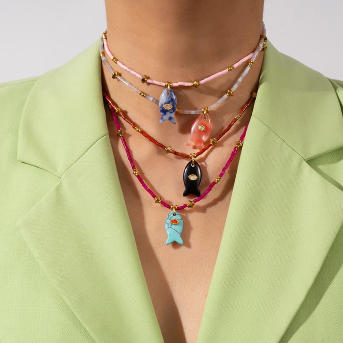 1 Piece Polychrome Series Vacation Fish Stainless Steel Gold Color Natural Stone Women's Beaded Necklaces h5Picture2