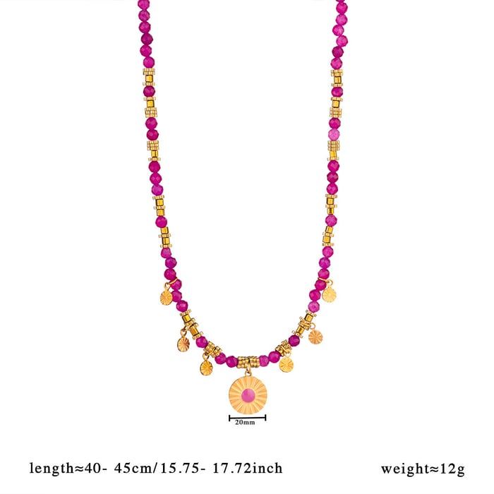1 Piece Intricate Series Retro Circle Stainless Steel Gold Color Pink Natural Stone Women's Pendant Necklaces