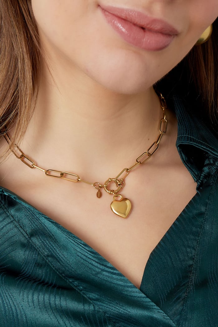 Link chain heart charm and round clasp - Silver Color color Picture3