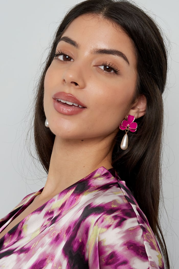 Earrings pink flower with pearl - Silver Color color h5Picture2