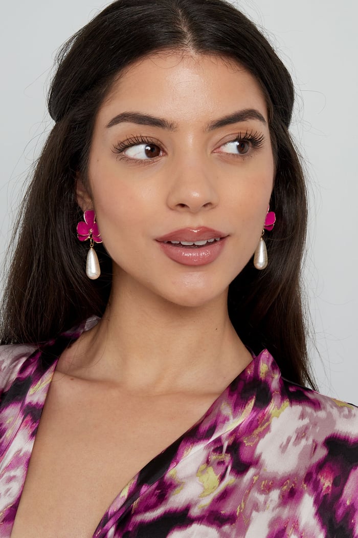 Earrings pink flower with pearl - Silver Color color h5Picture4